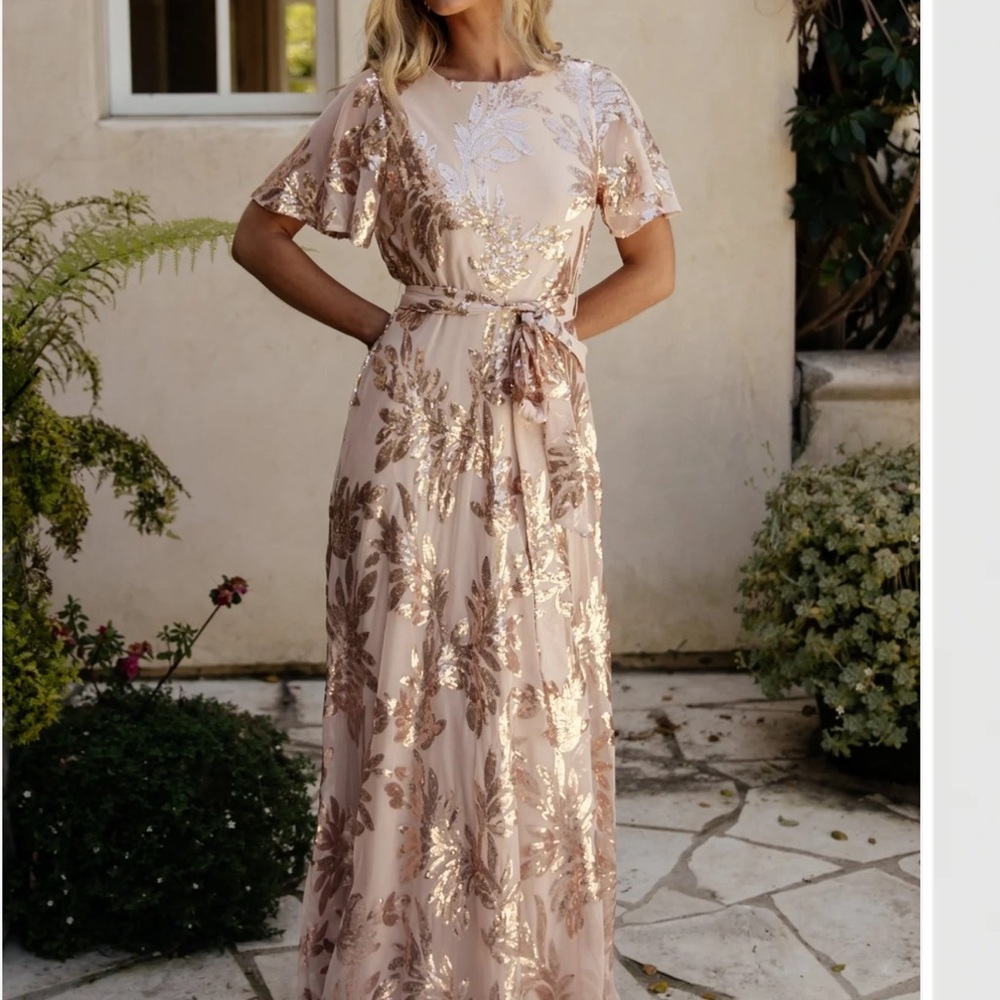 Baltic Born Blush Maxi Dress with Rose Gold Sequin Leaves
